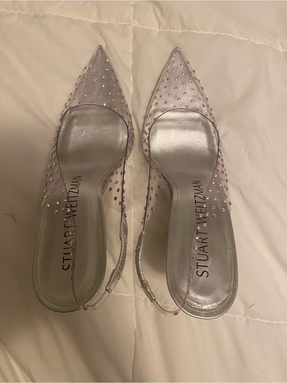 Stuart Weitzman Silver Pointed Slingback Heels with Crystal Studs - Picture 5 of 7